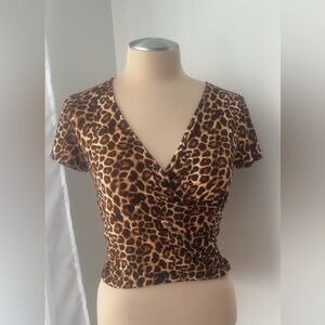 Leopard Print V-Neck Wrap Crop Top - Brown